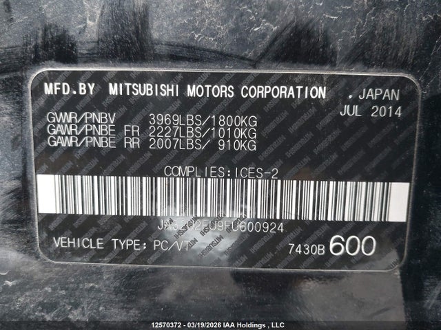 12570372 :رقم المزاد ، JA32U2FU9FU600924 vin ، 2015 Mitsubishi Lancer Es مزاد بيع