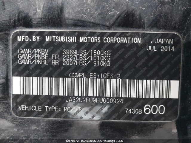 12570372 :رقم المزاد ، JA32U2FU9FU600924 vin ، 2015 Mitsubishi Lancer Es مزاد بيع