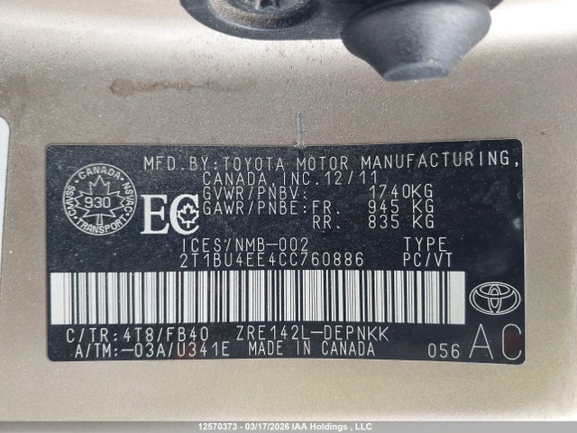2012 Toyota Corolla S/le მანქანა იყიდება აუქციონზე, vin: 2T1BU4EE4CC760886, აუქციონის ნომერი: 12570373