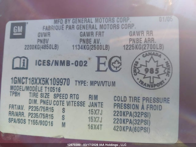 Продаж на аукціоні авто 2005 Chevrolet Blazer, vin: 1GNCT18XX5K109970, номер лоту: 12570380