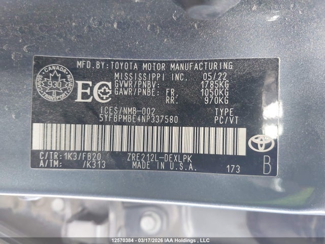 2022 Toyota Corolla Le/xle მანქანა იყიდება აუქციონზე, vin: 5YFBPMBE4NP337580, აუქციონის ნომერი: 12570384