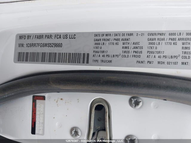 12570387 :رقم المزاد ، 1C6RR7FG6MS529660 vin ، 2021 Ram 1500 Classic Tradesman مزاد بيع