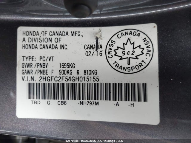 Продажа на аукционе авто 2016 Honda Civic, vin: 2HGFC2F54GH015155, номер лота: 12570388