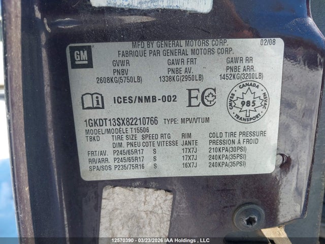 Aukcja sprzedaży 2008 Gmc Envoy, vin: 1GKDT13SX82210766, numer aukcji: 12570390