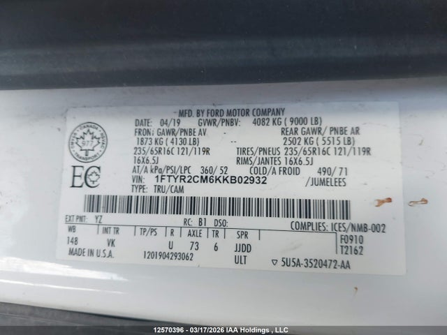 Aukcja sprzedaży 2019 Ford Transit T-250, vin: 1FTYR2CM6KKB02932, numer aukcji: 12570396