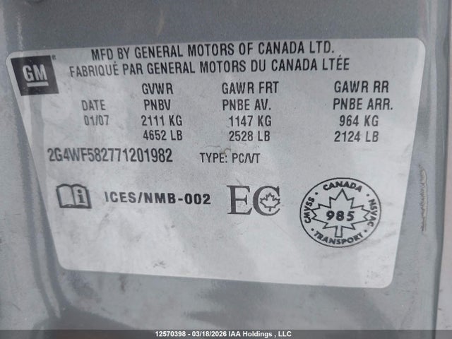 2007 Buick Allure მანქანა იყიდება აუქციონზე, vin: 2G4WF582771201982, აუქციონის ნომერი: 12570398