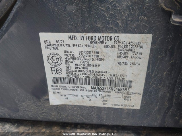 Aukcja sprzedaży 2022 Ford Ecosport Titanium, vin: MAJ6S3KL8NC468695, numer aukcji: 12570410