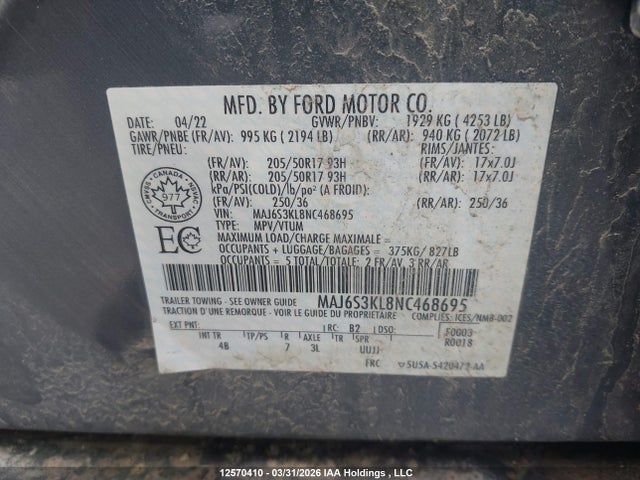 Aukcja sprzedaży 2022 Ford Ecosport Titanium, vin: MAJ6S3KL8NC468695, numer aukcji: 12570410