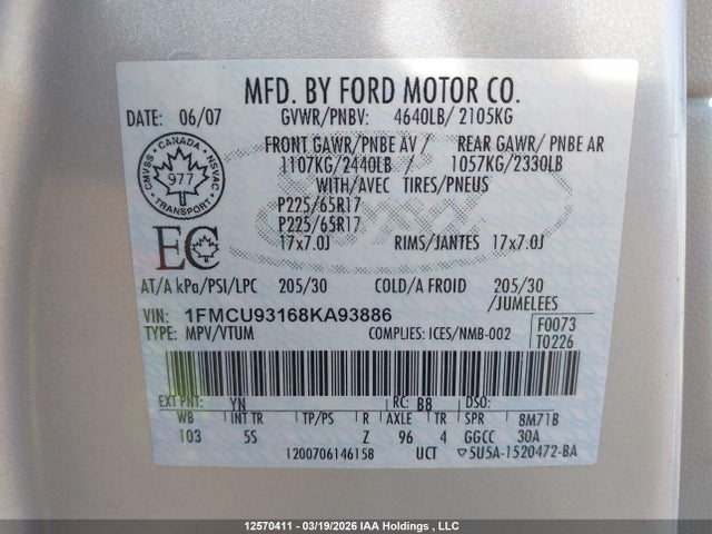 Продаж на аукціоні авто 2008 Ford Escape Xlt, vin: 1FMCU93168KA93886, номер лоту: 12570411