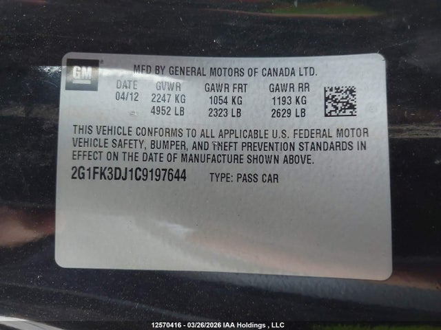 12570416 :رقم المزاد ، 2G1FK3DJ1C9197644 vin ، 2012 Chevrolet Camaro مزاد بيع