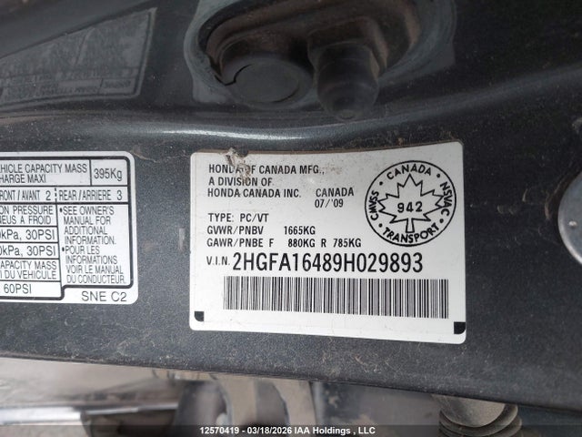 12570419 :رقم المزاد ، 2HGFA16489H029893 vin ، 2009 Honda Civic Dx-g مزاد بيع