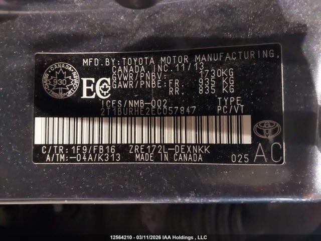 12564210 :رقم المزاد ، 2T1BURHE2EC057847 vin ، 2014 Toyota Corolla Le مزاد بيع