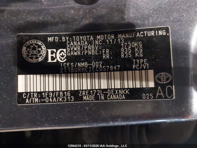 12564210 :رقم المزاد ، 2T1BURHE2EC057847 vin ، 2014 Toyota Corolla Le مزاد بيع
