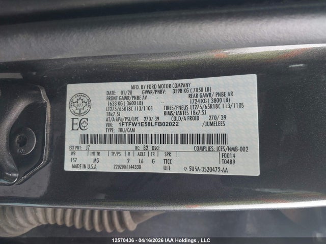 Продаж на аукціоні авто 2020 Ford F-150 Xlt, vin: 1FTFW1E58LFB02022, номер лоту: 12570436