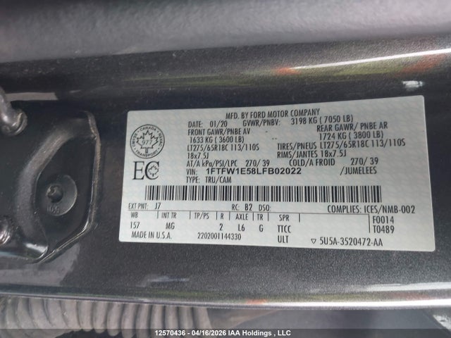 Продаж на аукціоні авто 2020 Ford F-150 Xlt, vin: 1FTFW1E58LFB02022, номер лоту: 12570436