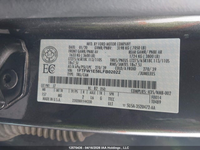 Продаж на аукціоні авто 2020 Ford F-150 Xlt, vin: 1FTFW1E58LFB02022, номер лоту: 12570436