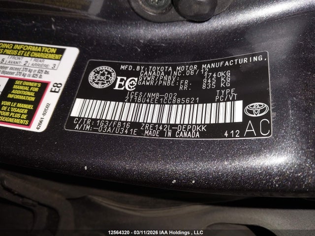 Продаж на аукціоні авто 2012 Toyota Corolla Ce, vin: 2T1BU4EE1CC885621, номер лоту: 12564320