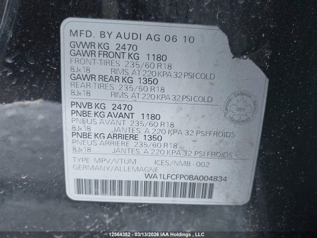 Aukcja sprzedaży 2011 Audi Q5 2.0t Premium Plus, vin: WA1LFCFP0BA004834, numer aukcji: 12564352