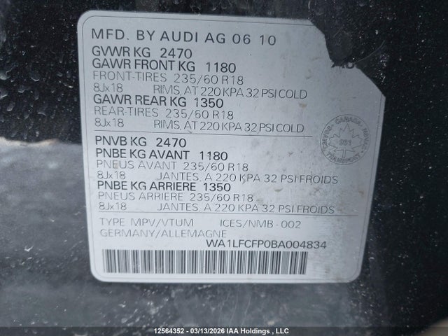 Aukcja sprzedaży 2011 Audi Q5 2.0t Premium Plus, vin: WA1LFCFP0BA004834, numer aukcji: 12564352