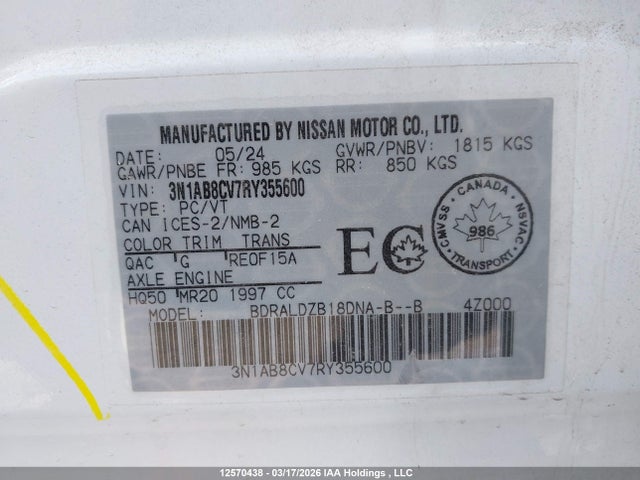 2024 Nissan Sentra Sv მანქანა იყიდება აუქციონზე, vin: 3N1AB8CV7RY355600, აუქციონის ნომერი: 12570438