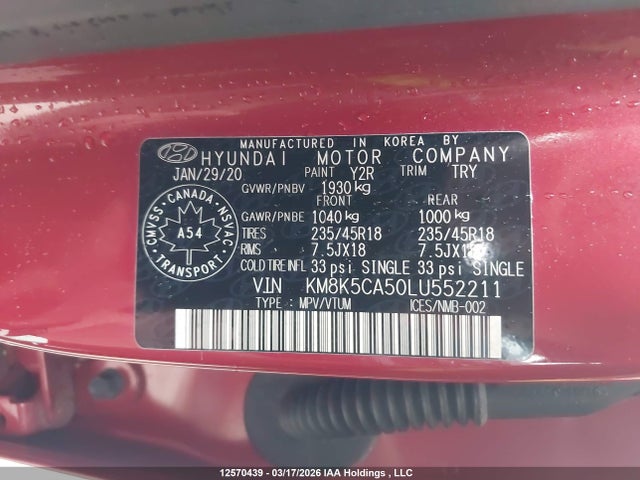 Aukcja sprzedaży 2020 Hyundai Kona Ultimate, vin: KM8K5CA50LU552211, numer aukcji: 12570439