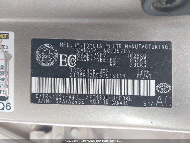 Продаж на аукціоні авто 2005 Toyota Corolla Ce/le/s, vin: 2T1BR32E55C915111, номер лоту: 12570446