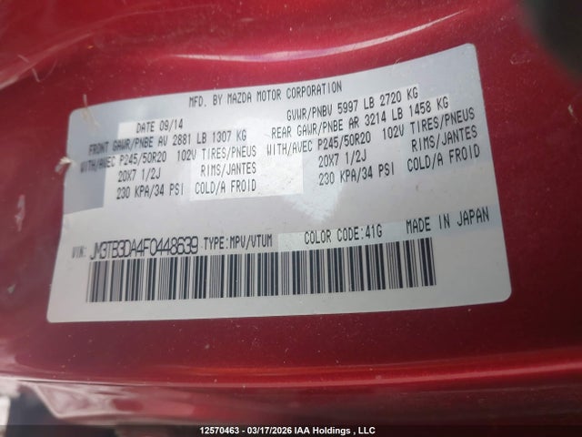 Продаж на аукціоні авто 2015 Mazda Cx-9 Gt, vin: JM3TB3DA4F0448639, номер лоту: 12570463