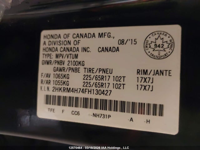 2HKRM4H74FH130427 Honda CR-V EXL