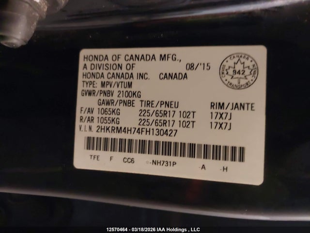 2HKRM4H74FH130427 Honda CR-V EXL