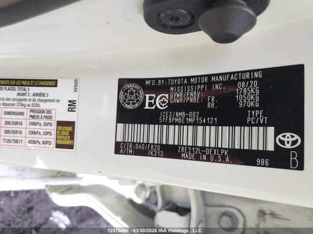 12570466 :رقم المزاد ، 5YFBPMBE1MP154121 vin ، 2021 Toyota Corolla Le مزاد بيع