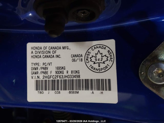 2018 Honda Civic Se მანქანა იყიდება აუქციონზე, vin: 2HGFC2F63JH033498, აუქციონის ნომერი: 12570471