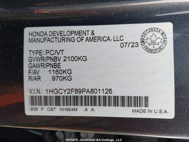 1HGCY2F89PA801126 Honda Accord Touring Hybrid