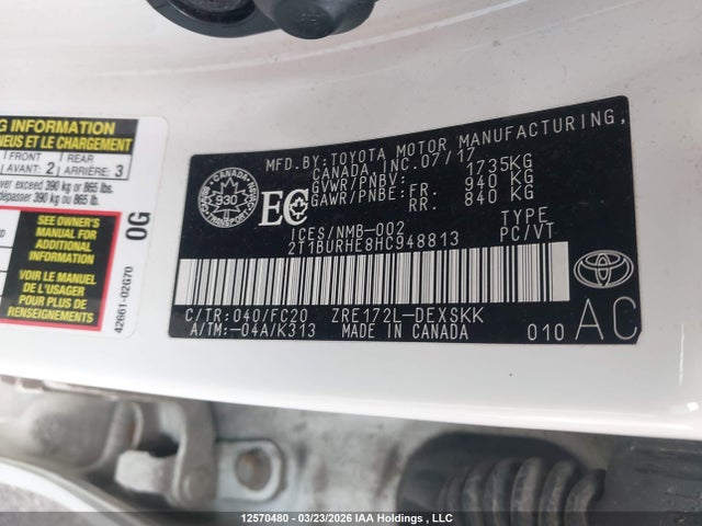 12570480 :رقم المزاد ، 2T1BURHE8HC948813 vin ، 2017 Toyota Corolla مزاد بيع
