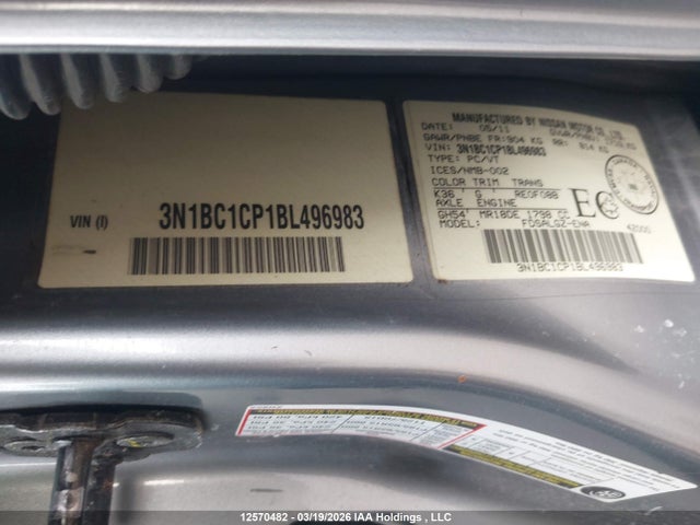 Продаж на аукціоні авто 2011 Nissan Versa 1.8s/1.8sl, vin: 3N1BC1CP1BL496983, номер лоту: 12570482