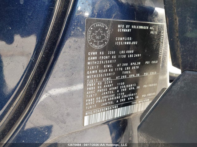 Aukcja sprzedaży 2014 Volkswagen Tiguan S/se/sel/r-line, vin: WVGJV3AX9EW507465, numer aukcji: 12570484