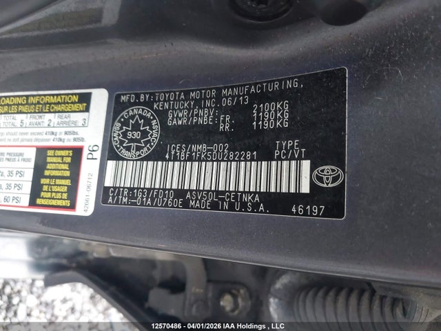 12570486 :رقم المزاد ، 4T1BF1FK5DU282281 vin ، 2013 Toyota Camry L/se/le/xle مزاد بيع