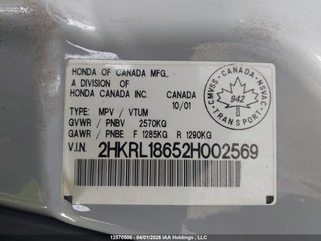 Aukcja sprzedaży 2002 Honda Odyssey Ex, vin: 2HKRL18652H002569, numer aukcji: 12570508