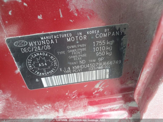 12570509 :رقم المزاد ، KMHDU45D79U666749 vin ، 2009 Hyundai Elantra مزاد بيع