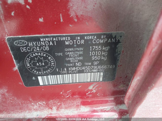 12570509 :رقم المزاد ، KMHDU45D79U666749 vin ، 2009 Hyundai Elantra مزاد بيع