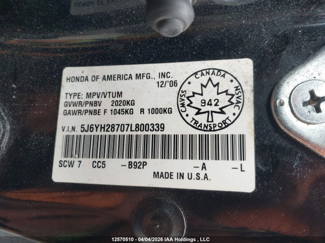 Aukcja sprzedaży 2007 Honda Element Ex, vin: 5J6YH28707L800339, numer aukcji: 12570510