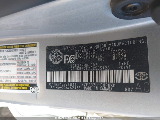 12570521 :رقم المزاد ، 2T1KR32E76C555423 vin ، 2006 Toyota Matrix Xr/xrs مزاد بيع