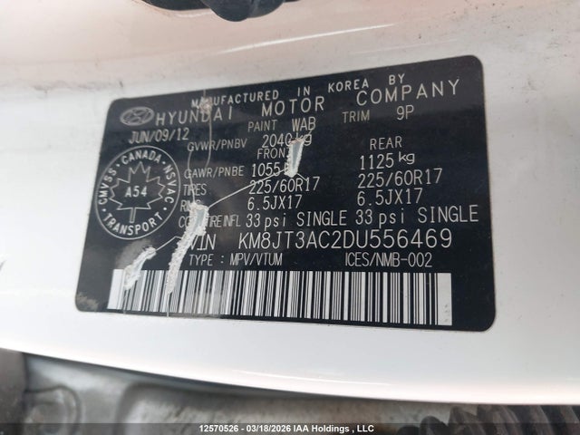 2013 Hyundai Tucson მანქანა იყიდება აუქციონზე, vin: KM8JT3AC2DU556469, აუქციონის ნომერი: 12570526