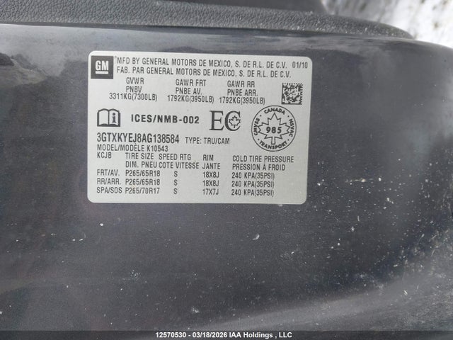 Продаж на аукціоні авто 2010 Gmc Sierra K1500 Hybrid, vin: 3GTXKYEJ8AG138584, номер лоту: 12570530