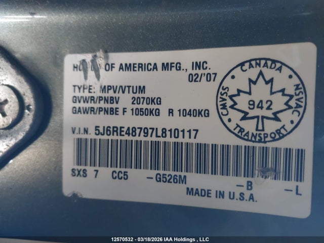 12570532 :رقم المزاد ، 5J6RE48797L810117 vin ، 2007 Honda Cr-v Exl مزاد بيع