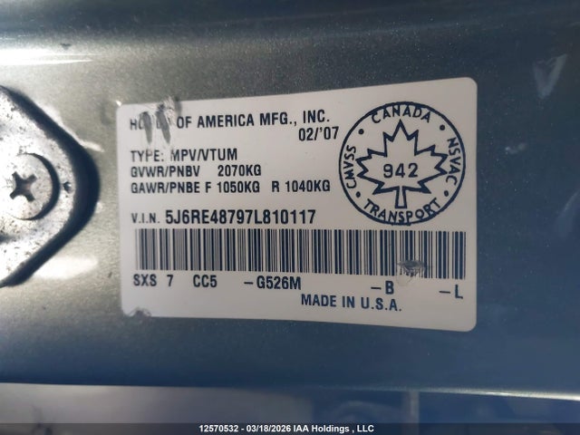 12570532 :رقم المزاد ، 5J6RE48797L810117 vin ، 2007 Honda Cr-v Exl مزاد بيع