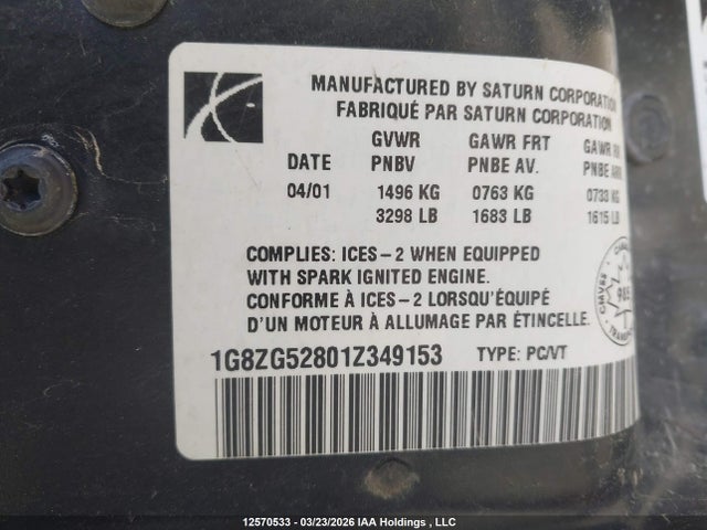 12570533 :رقم المزاد ، 1G8ZG52801Z349153 vin ، 2001 Saturn Sl1 مزاد بيع