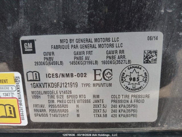 Aukcja sprzedaży 2015 Gmc Acadia Denali, vin: 1GKKVTKD9FJ121919, numer aukcji: 12570536