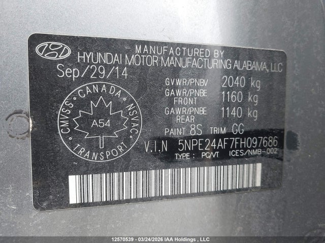 5NPE24AF7FH097686 Hyundai SONATA GL