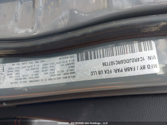 12570540 :رقم المزاد ، 1C4RDJDG6RC107736 vin ، 2024 Dodge Durango Gt مزاد بيع