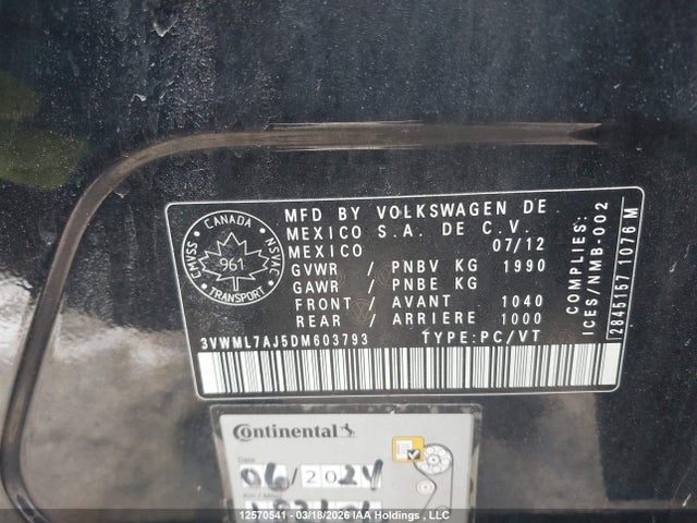 Продажа на аукционе авто 2013 Volkswagen Jetta Tdi, vin: 3VWML7AJ5DM603793, номер лота: 12570541
